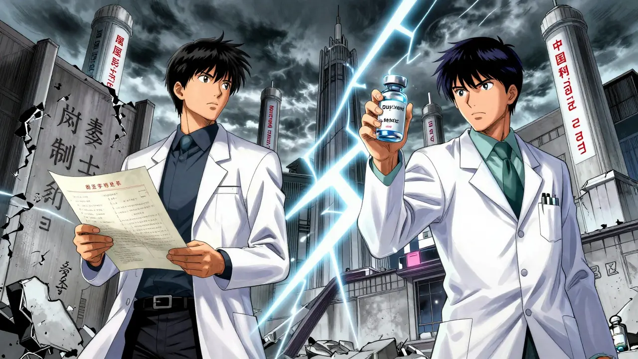 Dramatic battle between pharma patent holder and biosimilar manufacturer with glowing drug vials.