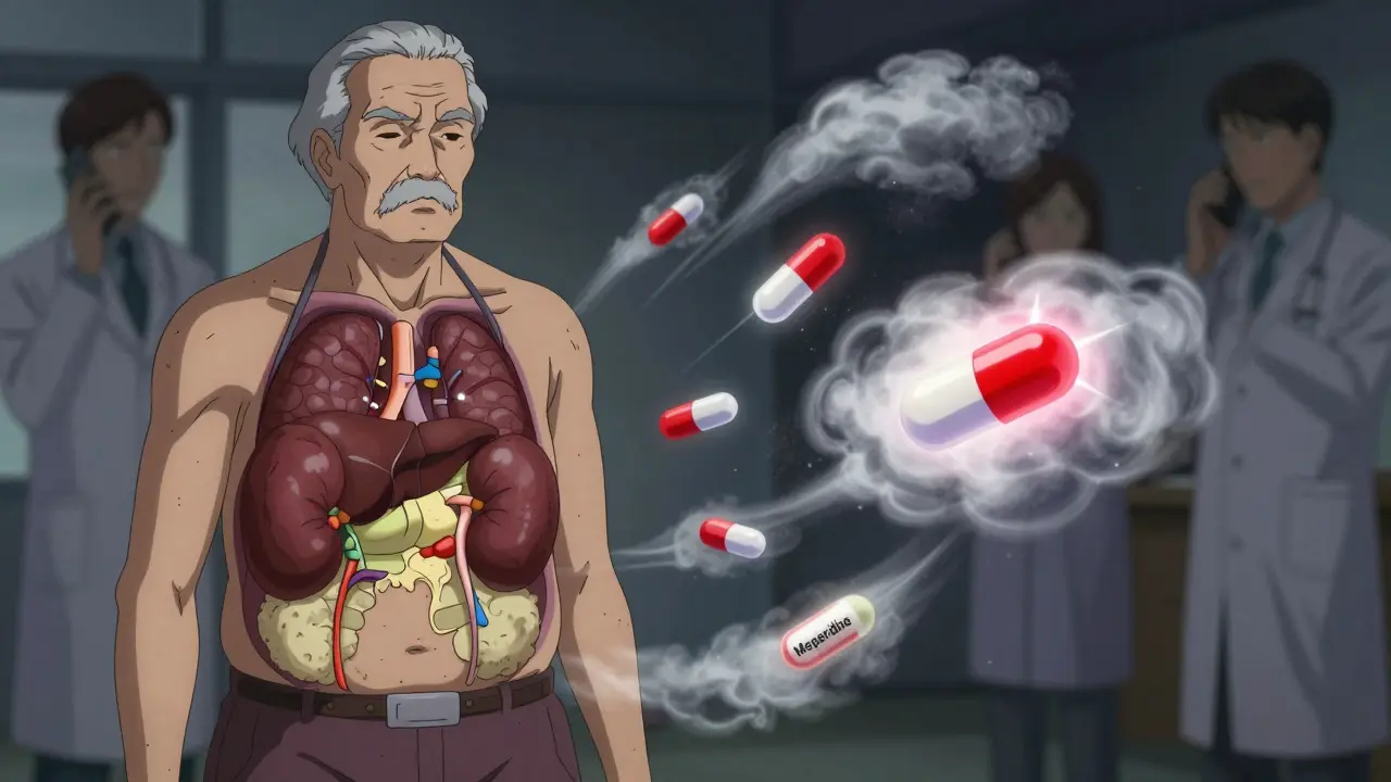 Elderly man’s body showing aging organs and dangerous drug interactions, red pill triggering seizure.