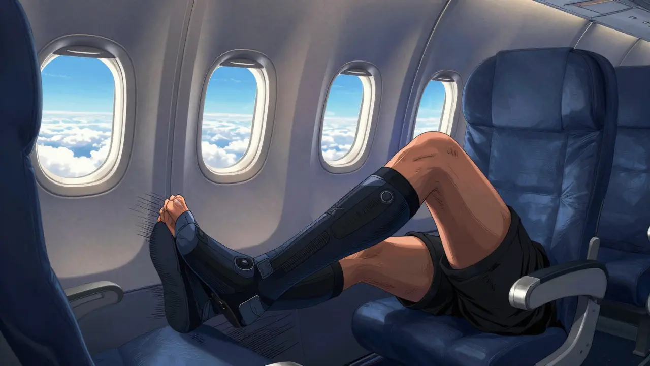 Passenger exercising ankles in seat with compression socks on plane.