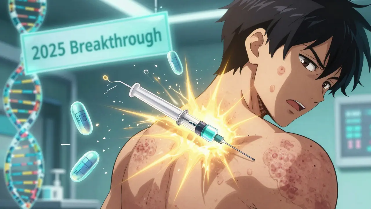 Person receiving ligelizumab injection as hives fade, glowing golden energy pulses outward