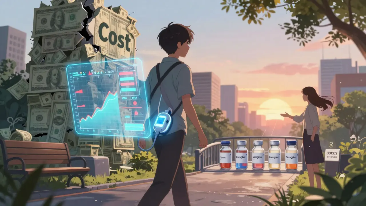 Person with insulin pump walking toward sunrise over a bridge of biosimilar vials, while cost wall crumbles behind them.