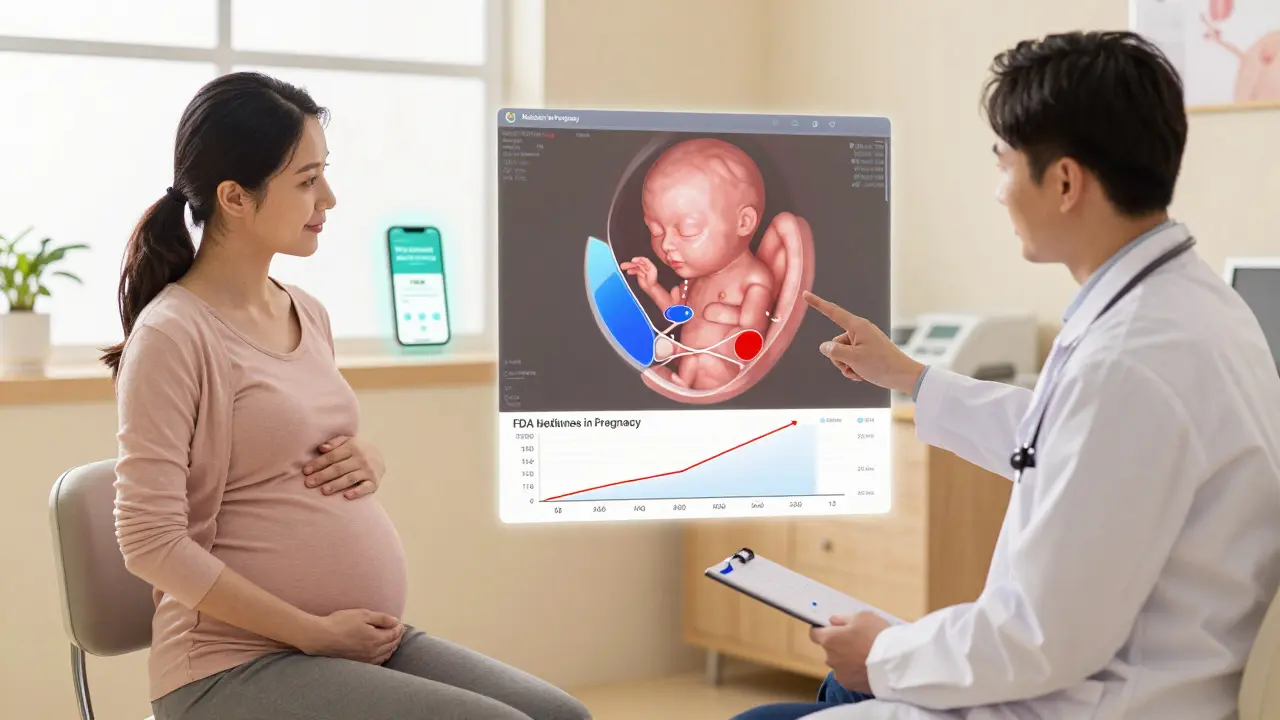 Pregnant patient and doctor discussing medication safety with fetal anatomy visualization.