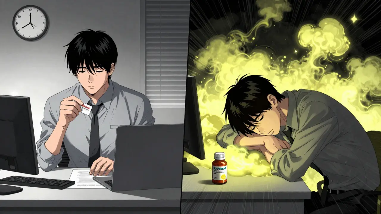 Split scene: alert worker taking Allegra vs. same person exhausted after Benadryl