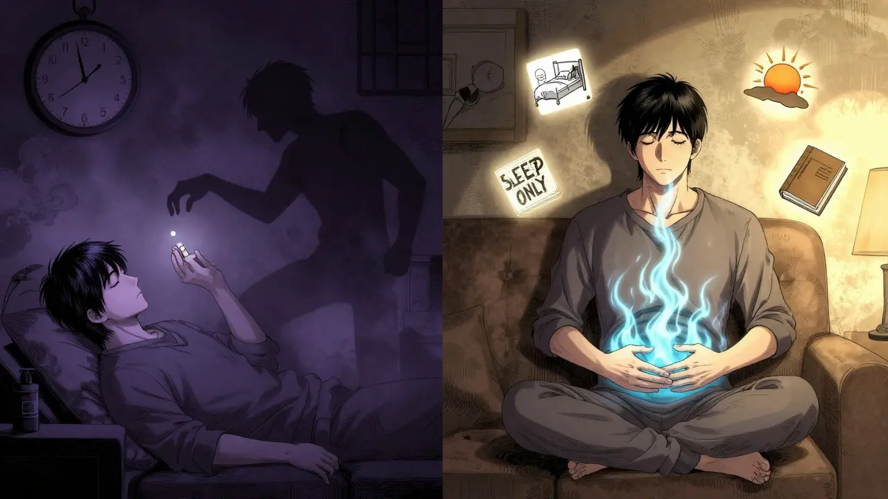 Split scene: one side shows a person taking a pill with dark shadows, the other shows them breathing calmly with glowing breath waves and sleep-only symbols.