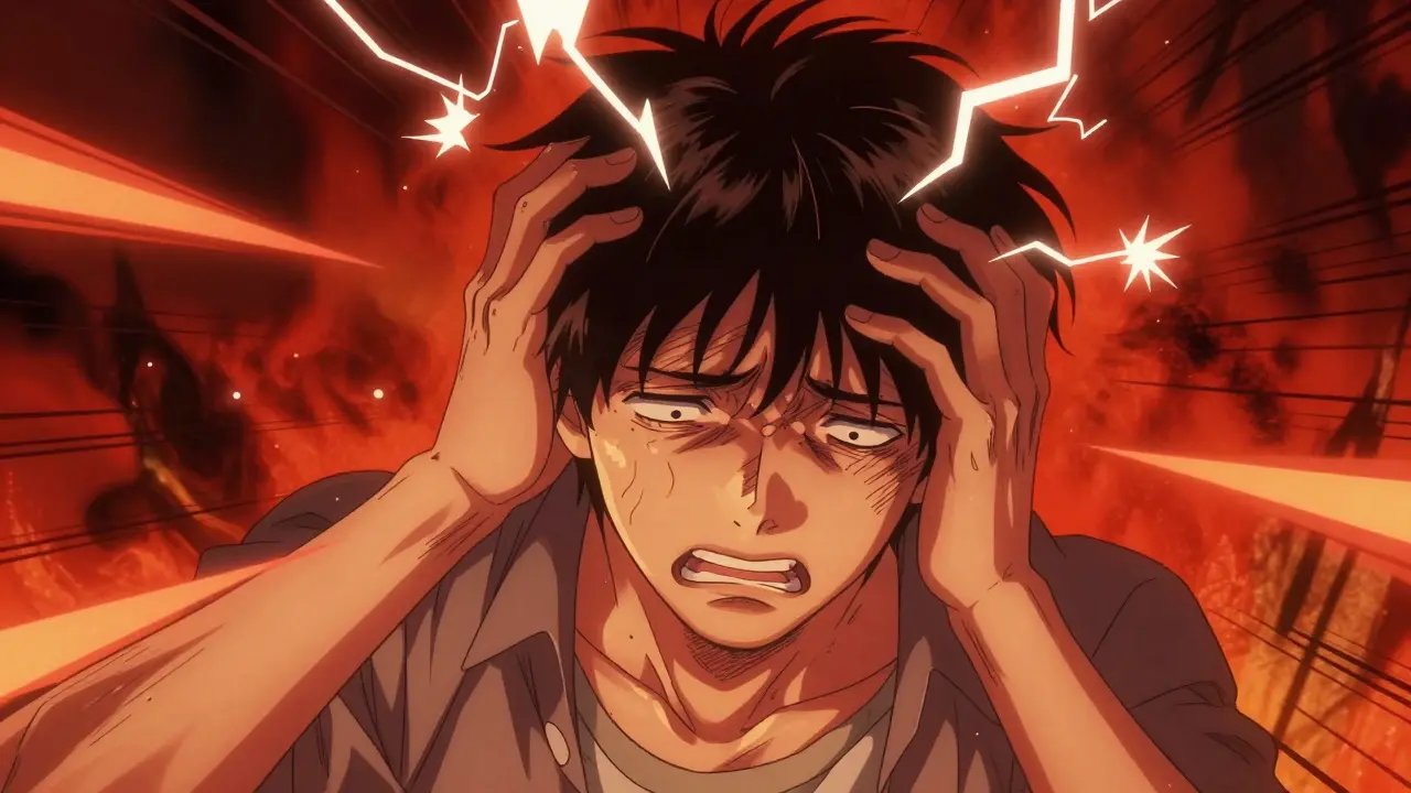 A distressed person experiencing the chaotic physical effects of serotonin syndrome.