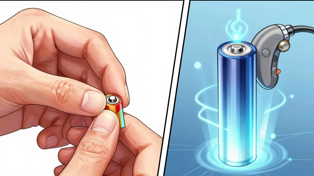 Manhua close-up comparing the struggle with a small battery tab versus a glowing rechargeable system.