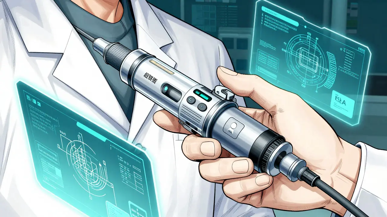 Manhua illustration of a high-tech drug delivery device with holographic blueprints