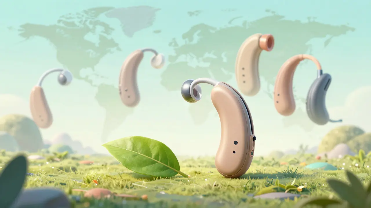 Manhua illustration of a rechargeable hearing aid with a green leaf, symbolizing eco-friendliness.