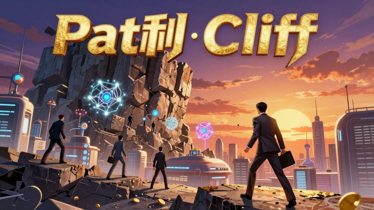 Manhua scene of a crumbling patent cliff overlooking a futuristic pharmaceutical city