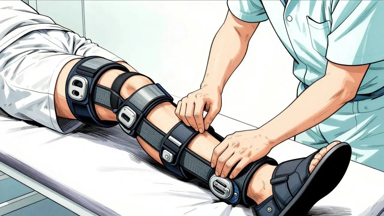 Orthotist fitting a professional unloader knee brace on a patient in manhua style.