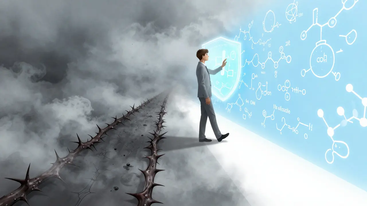 Person choosing a path of scientific knowledge over doubt and skepticism in manhua style.