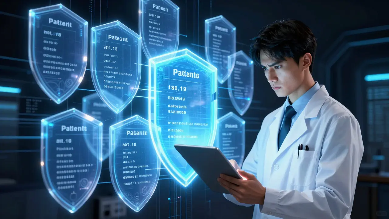 Researcher facing a wall of glowing holographic shields representing drug patents.