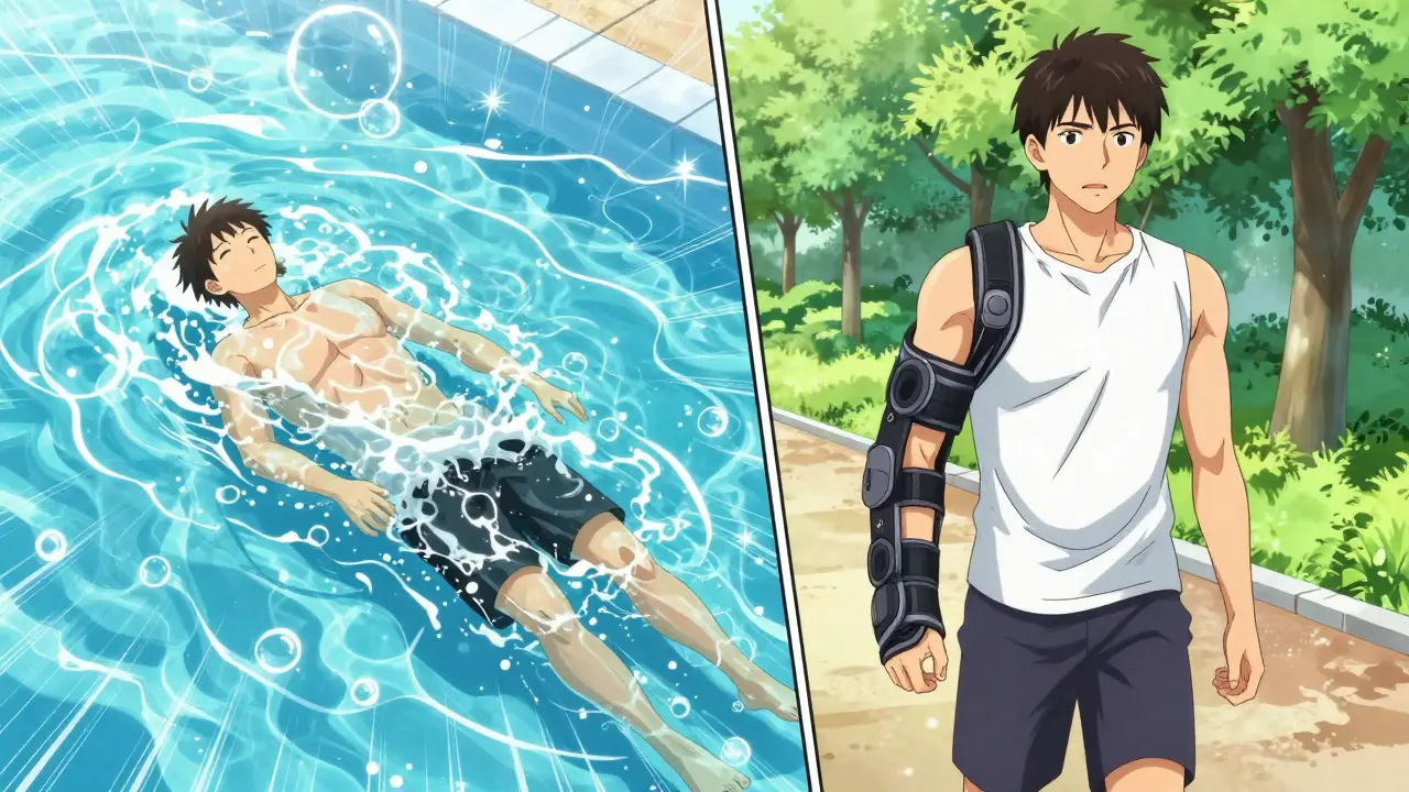 Split-screen manhua art showing hydrotherapy and walking with a knee brace.