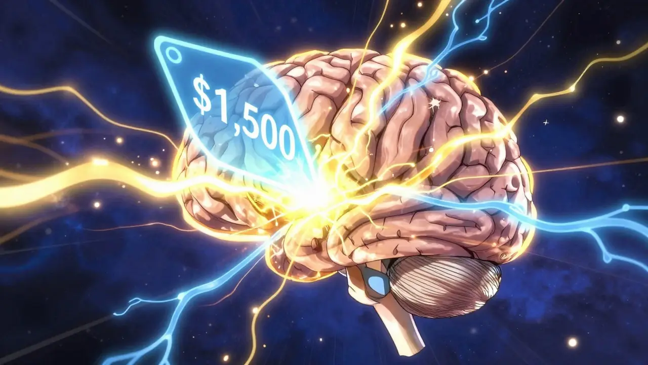 Stylized brain showing dopamine release triggered by a high price tag in manhua style.