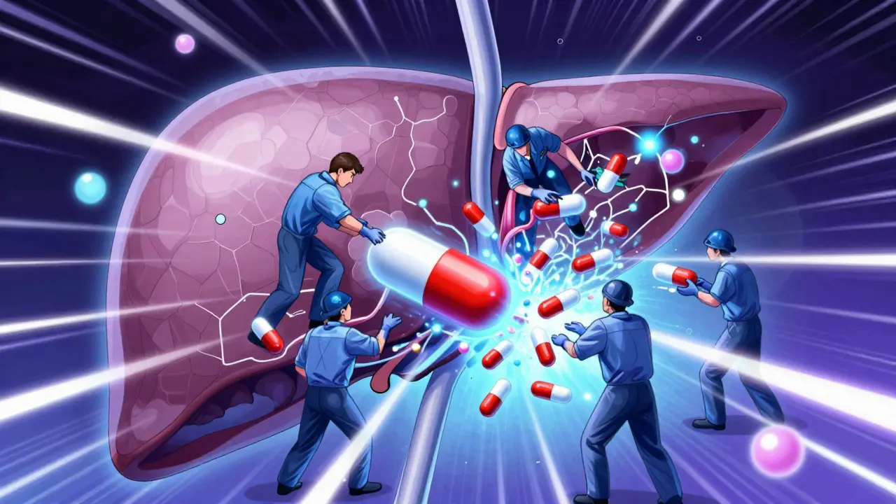Stylized liver enzymes quickly breaking down medicine capsules in a high-energy scene.