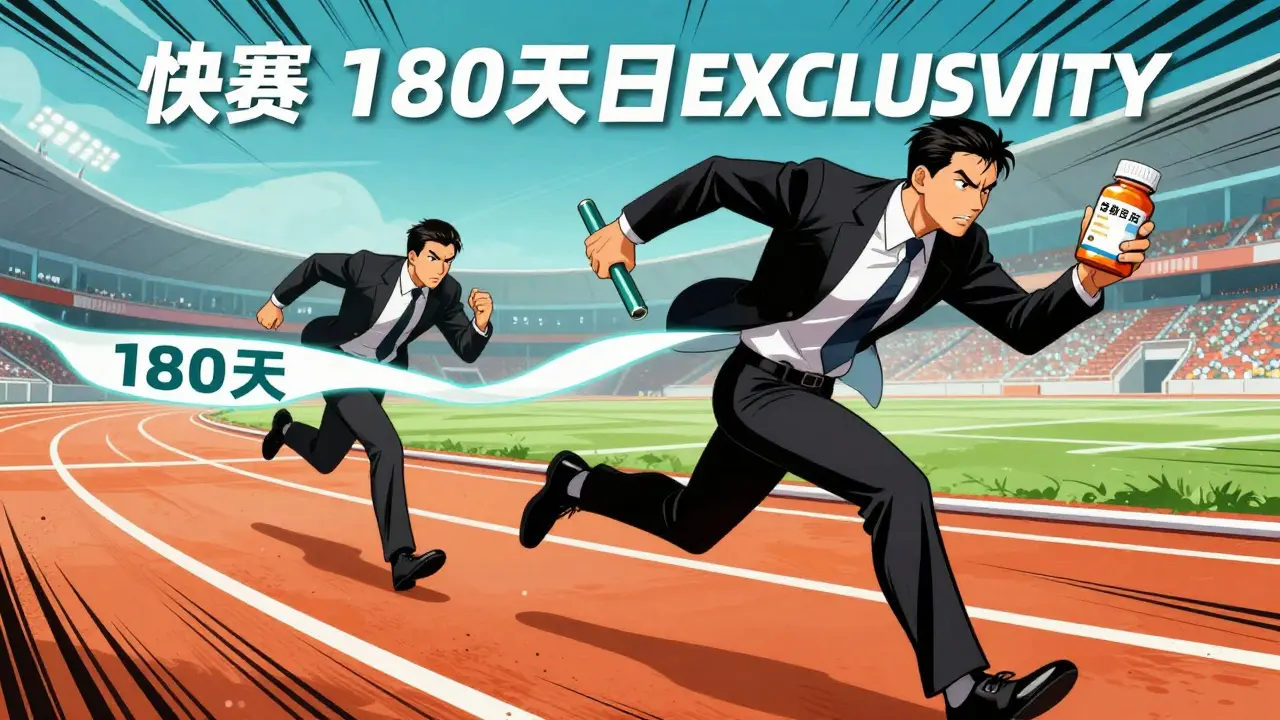 Two executives racing toward a finish line with a generic medicine bottle.